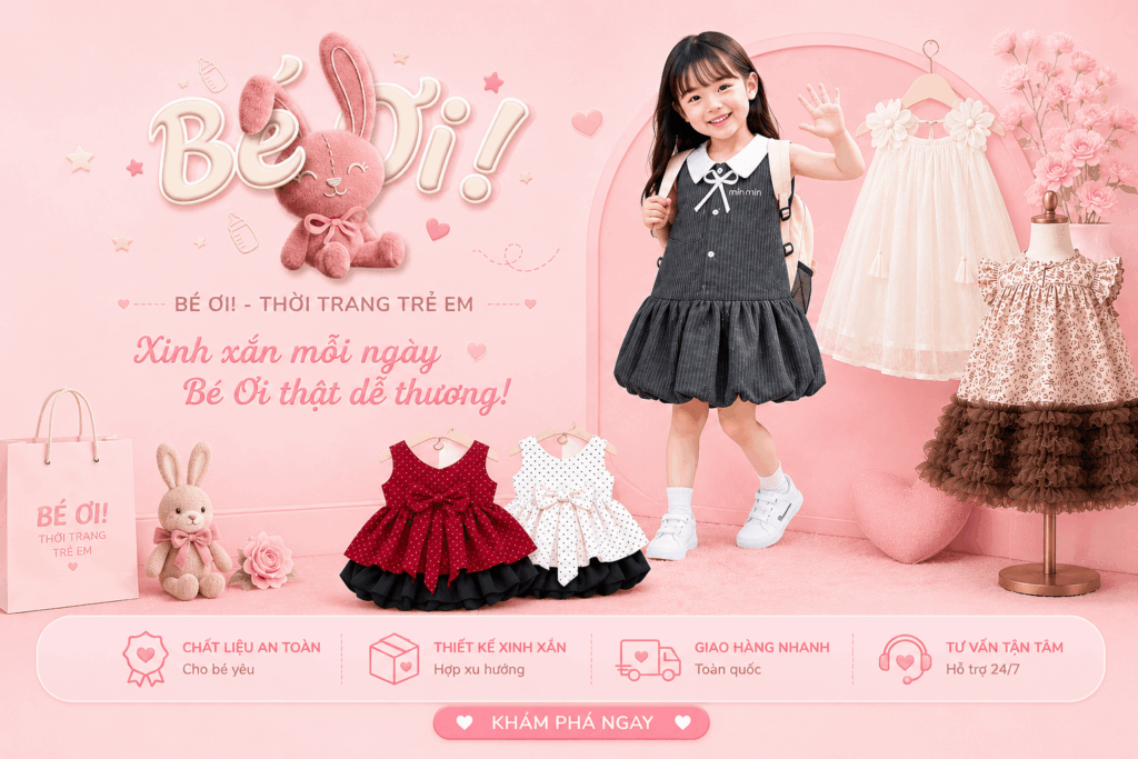 Banner thương hiệu Bé Ơi Thời trang trẻ em với các mẫu váy đầm thiết kế cao cấp