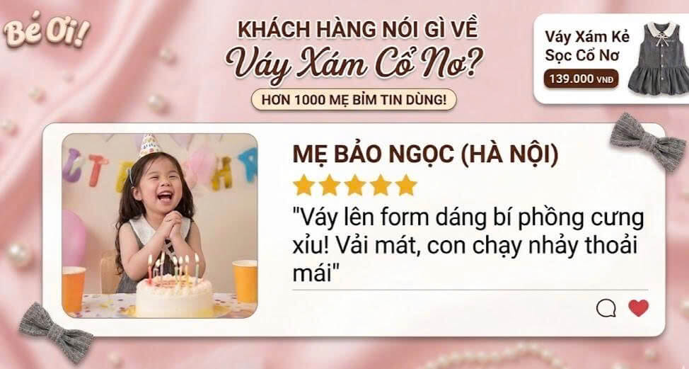 Phản hồi khách hàng về váy xám cổ nơ Bé Ơi thời trang trẻ em