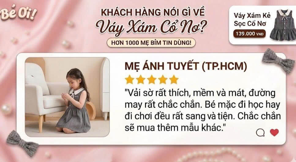 Feedback váy xám kẻ sọc cổ nơ cho bé gái đi học đi chơi Bé Ơi