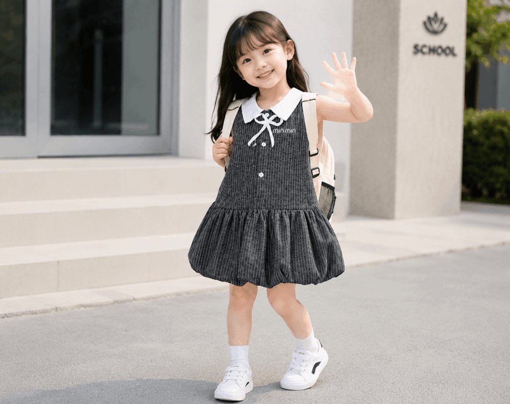 Bé gái mặc váy xám kẻ sọc cổ nơ mang balo đi học dễ thương