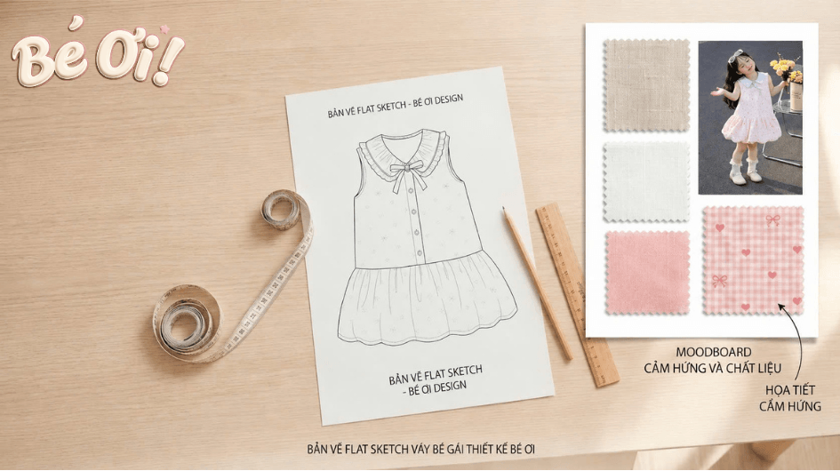 Bản vẽ Flat Sketch và moodboard ý tưởng cho mẫu váy tại Bé Ơi.