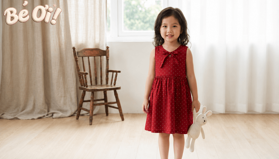 Mẫu váy bé gái thiết kế màu đỏ chấm bi với phom dáng thoải mái, phù hợp cho bé mặc đi học, đi chơi hoặc tham gia các hoạt động thường ngày.